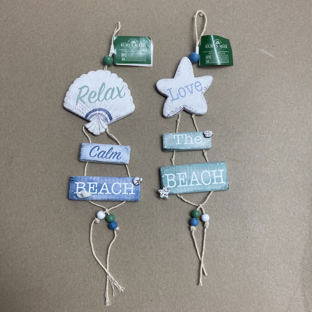 Coastal Beach Wooden Sign Christmas Ornament Lot of 2 Assorted Kurt Adler  NWT